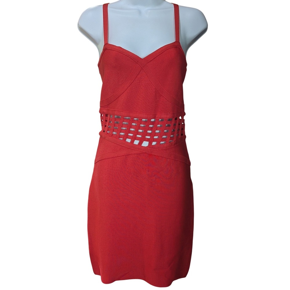 Bebe Hibiscus Red Straps Cross Back Cut-outs Waist Bandage Bodycon Sexy Dress SP